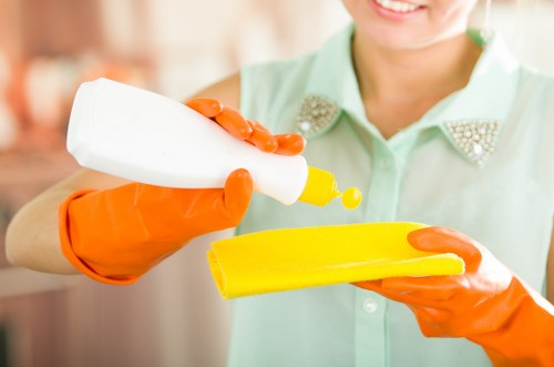 Protective gloves and eyewear used during domestic oven cleaning